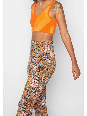 Monki Hippie Festival Rainbow Floral Print Flared Pants Small NWT